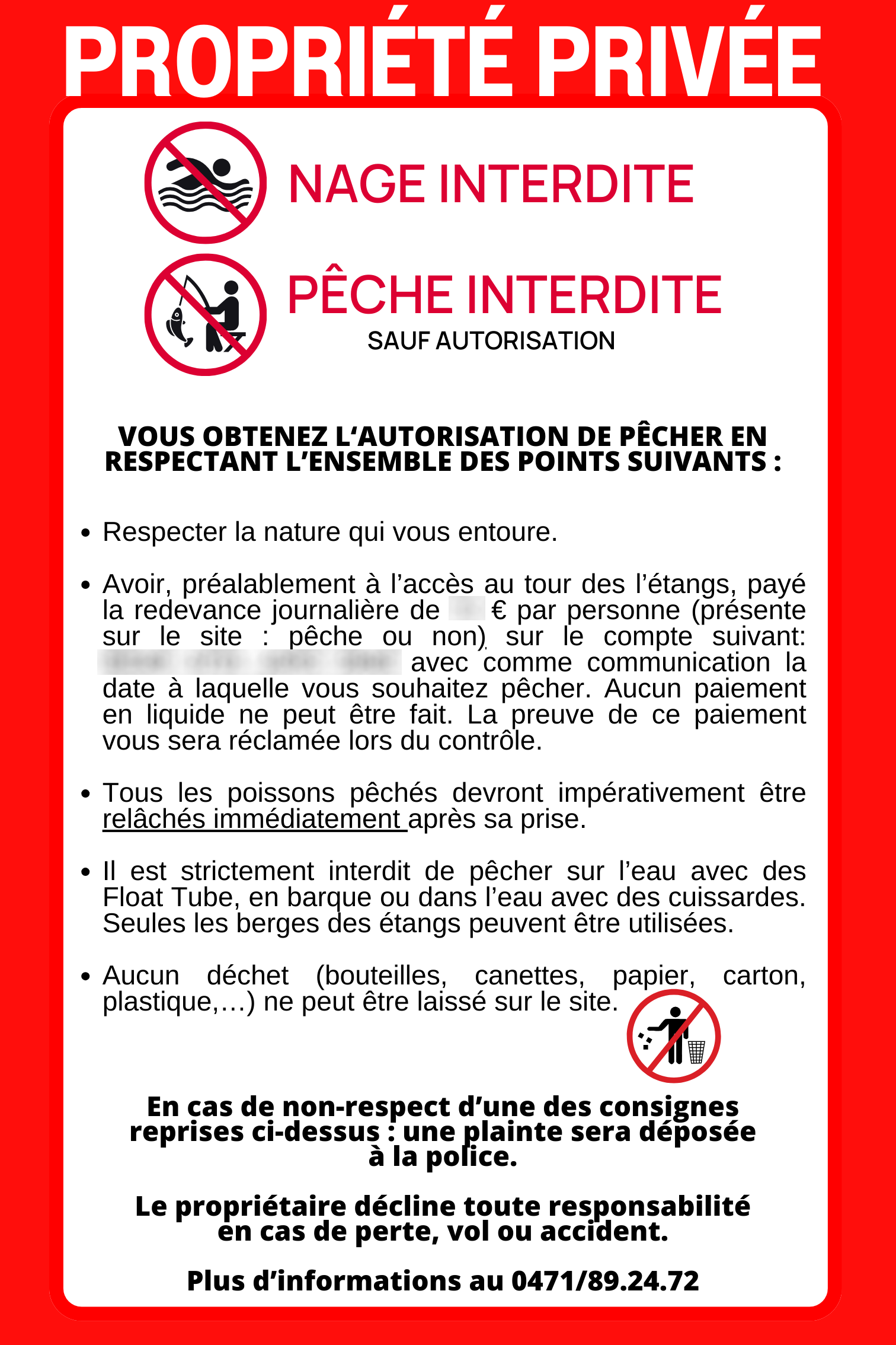 Affiche propriete privee: nage interdite, peche interdite sauf autorisation, consignes de respect du site et numero d'information.